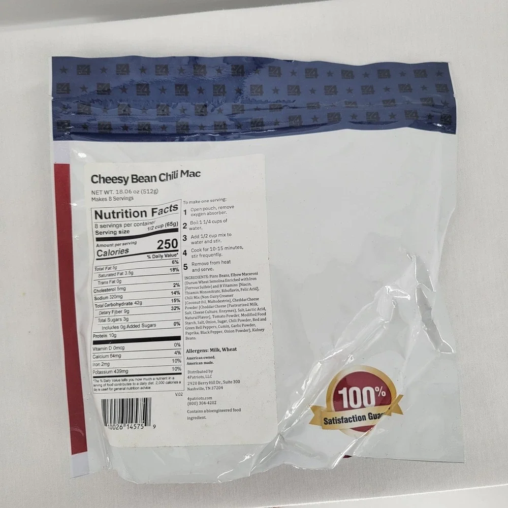 4 Patriots Cheesy Bean Chili Mac Survival Food‎ 8 Servings